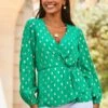 Green Metallic Fleck Print Blouson Sleeve Knot Front Top 2 Green Metallic Fleck Print Blouson Sleeve Knot Front Top -Sosandar Fashion Store web 2307 92 s23tw121gn0020 92 068