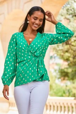 Green Metallic Fleck Print Blouson Sleeve Knot Front Top -Sosandar Fashion Store web 2307 92 s23tw121gn0020 92 079