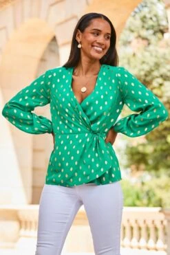 Green Metallic Fleck Print Blouson Sleeve Knot Front Top -Sosandar Fashion Store web 2307 92 s23tw121gn0020 92 094