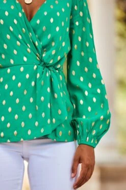 Green Metallic Fleck Print Blouson Sleeve Knot Front Top -Sosandar Fashion Store web 2307 92 s23tw121gn0020 92 199