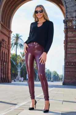 Burgundy Rose Gold Button & Zip Detail Leather Look Leggings 13 Burgundy Rose Gold Button & Zip Detail Leather Look Leggings -Sosandar Fashion Store web 2307 93 a22tk530bk0001 s22bp001rd0004 a23ow053rd0011 93 404 1