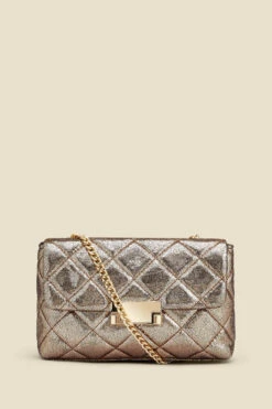 Gold Metallic Diamante Quilted Clasp Detail Cross Body Bag -Sosandar Fashion Store web 2307 box a23ac003mc0003 a