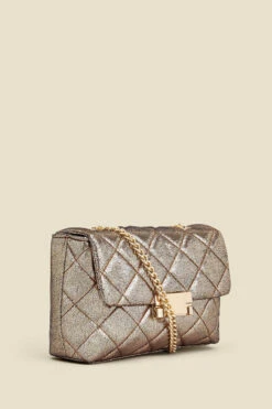 Gold Metallic Diamante Quilted Clasp Detail Cross Body Bag -Sosandar Fashion Store web 2307 box a23ac003mc0003 b