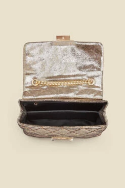 Gold Metallic Diamante Quilted Clasp Detail Cross Body Bag -Sosandar Fashion Store web 2307 box a23ac003mc0003 d