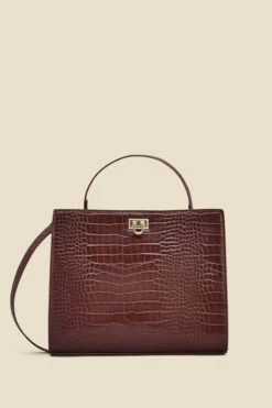 Brown Croc Faux Leather Top Handle Tote Bag With Cross Body Strap -Sosandar Fashion Store web 2307 box a23ac008pt0004 a