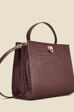 Brown Croc Faux Leather Top Handle Tote Bag With Cross Body Strap -Sosandar Fashion Store web 2307 box a23ac008pt0004 b