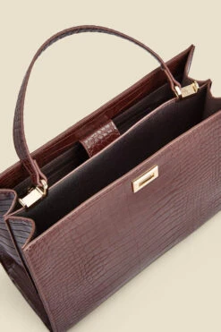 Brown Croc Faux Leather Top Handle Tote Bag With Cross Body Strap -Sosandar Fashion Store web 2307 box a23ac008pt0004 d