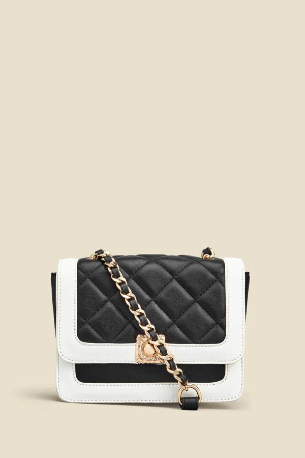Black Quilted Ivory Trim Chain Detail Cross Body Bag 4 Black Quilted Ivory Trim Chain Detail Cross Body Bag - Image 2