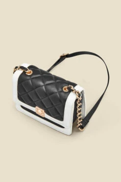 Black Quilted Ivory Trim Chain Detail Cross Body Bag 10 Black Quilted Ivory Trim Chain Detail Cross Body Bag -Sosandar Fashion Store web 2307 box a23ac013bk0001 c