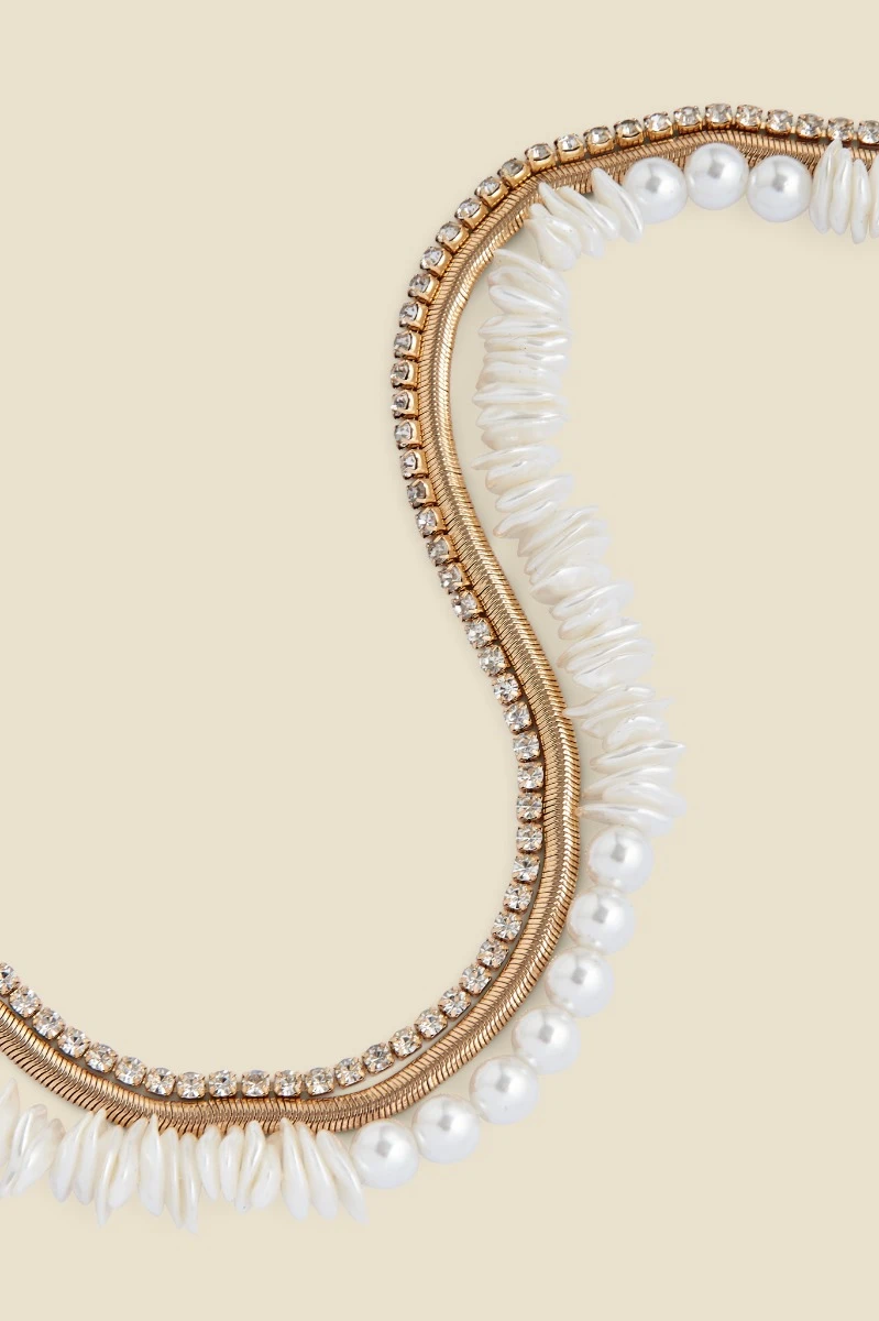 Gold Triple Layer Diamante & Pearl Toggle Detail Necklace 4 Gold Triple Layer Diamante & Pearl Toggle Detail Necklace - Image 2
