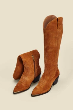 Tan Suede Tab Detail Knee High Western Boots With Metal Trim -Sosandar Fashion Store web 2307 box a23fw010nl0014 a