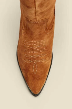 Tan Suede Tab Detail Knee High Western Boots With Metal Trim -Sosandar Fashion Store web 2307 box a23fw010nl0014 b