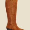 Tan Suede Tab Detail Knee High Western Boots With Metal Trim -Sosandar Fashion Store web 2307 box a23fw010nl0014 c