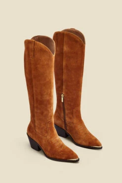 Tan Suede Tab Detail Knee High Western Boots With Metal Trim -Sosandar Fashion Store web 2307 box a23fw010nl0014 d