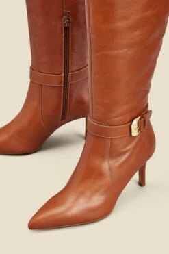 Tan Leather Buckle Detail Stiletto Heel Knee High Boots 13 Tan Leather Buckle Detail Stiletto Heel Knee High Boots -Sosandar Fashion Store web 2307 box a23fw012nl0014 b