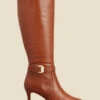 Tan Leather Buckle Detail Stiletto Heel Knee High Boots 1 Tan Leather Buckle Detail Stiletto Heel Knee High Boots -Sosandar Fashion Store web 2307 box a23fw012nl0014 c