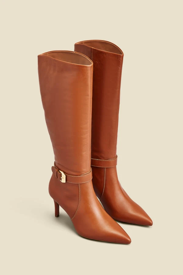 Tan Leather Buckle Detail Stiletto Heel Knee High Boots 4 Tan Leather Buckle Detail Stiletto Heel Knee High Boots - Image 2