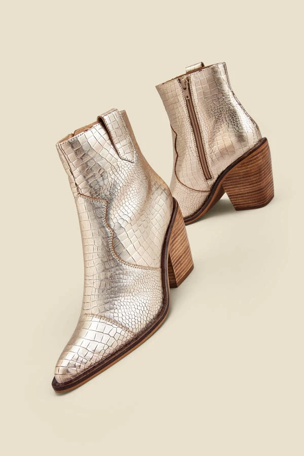 Champagne Gold Croc Leather Tab Detail Western Ankle Boots 5 Champagne Gold Croc Leather Tab Detail Western Ankle Boots - Image 3