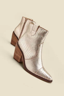 Champagne Gold Croc Leather Tab Detail Western Ankle Boots 9 Champagne Gold Croc Leather Tab Detail Western Ankle Boots -Sosandar Fashion Store web 2307 box a23fw013mc0003 b