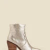 Champagne Gold Croc Leather Tab Detail Western Ankle Boots -Sosandar Fashion Store web 2307 box a23fw013mc0003 c
