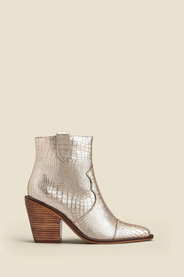 Champagne Gold Croc Leather Tab Detail Western Ankle Boots 3 Champagne Gold Croc Leather Tab Detail Western Ankle Boots