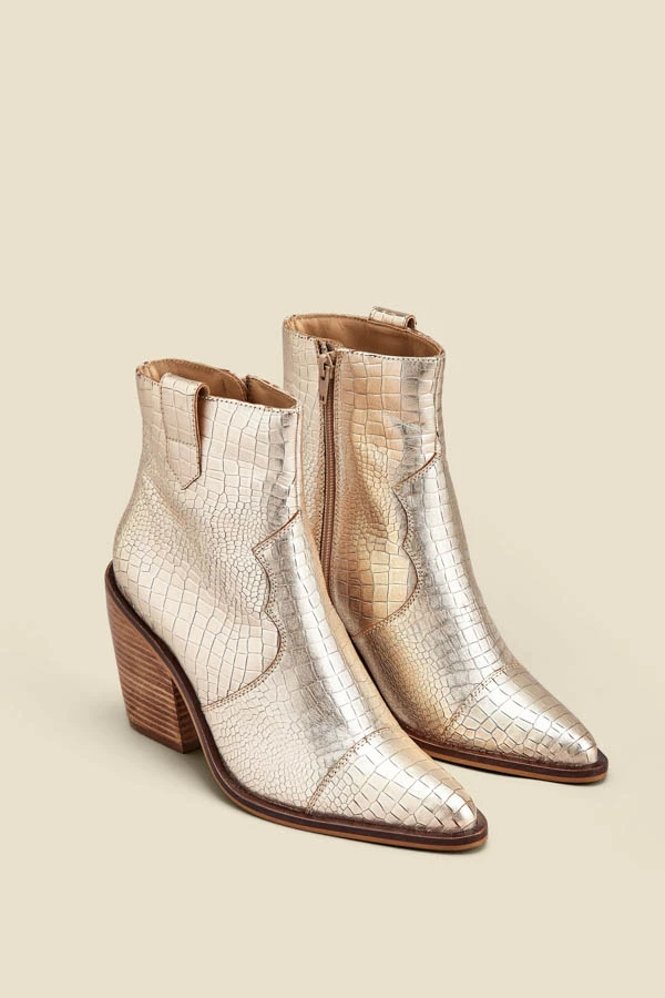 Champagne Gold Croc Leather Tab Detail Western Ankle Boots 4 Champagne Gold Croc Leather Tab Detail Western Ankle Boots - Image 2