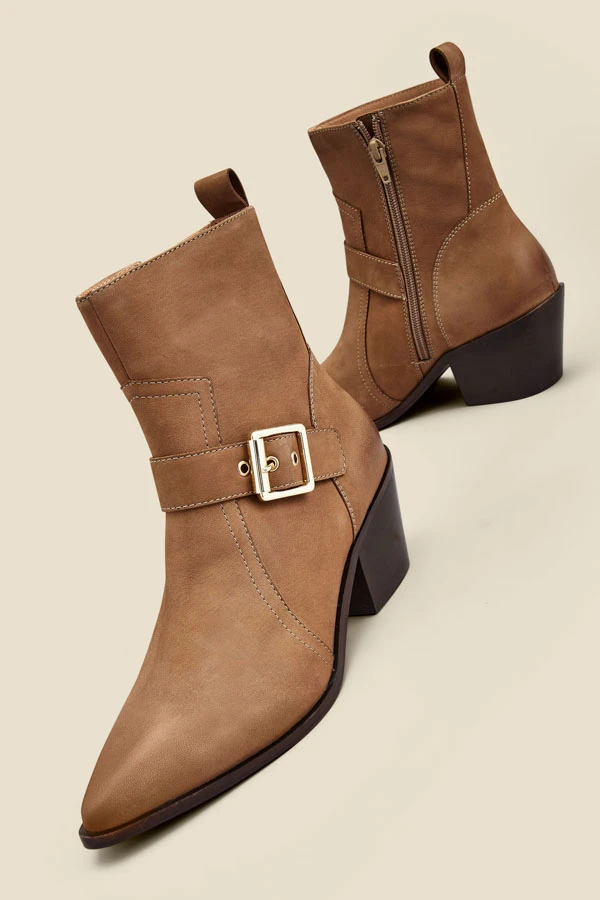 Taupe Leather Buckle Detail Western Ankle Boots 5 Taupe Leather Buckle Detail Western Ankle Boots - Image 3