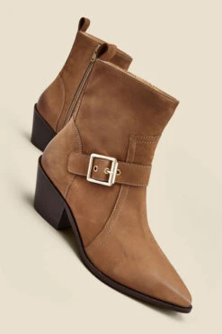 Taupe Leather Buckle Detail Western Ankle Boots 9 Taupe Leather Buckle Detail Western Ankle Boots -Sosandar Fashion Store web 2307 box a23fw015bn0003 b rt
