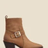 Taupe Leather Buckle Detail Western Ankle Boots -Sosandar Fashion Store web 2307 box a23fw015bn0003 c rt