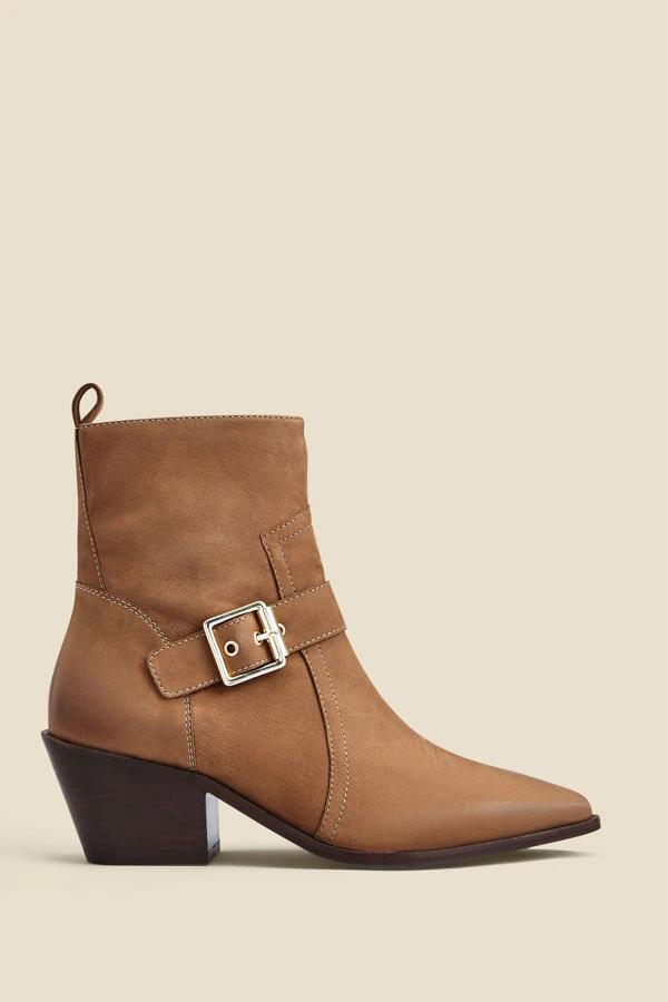 Taupe Leather Buckle Detail Western Ankle Boots 3 Taupe Leather Buckle Detail Western Ankle Boots