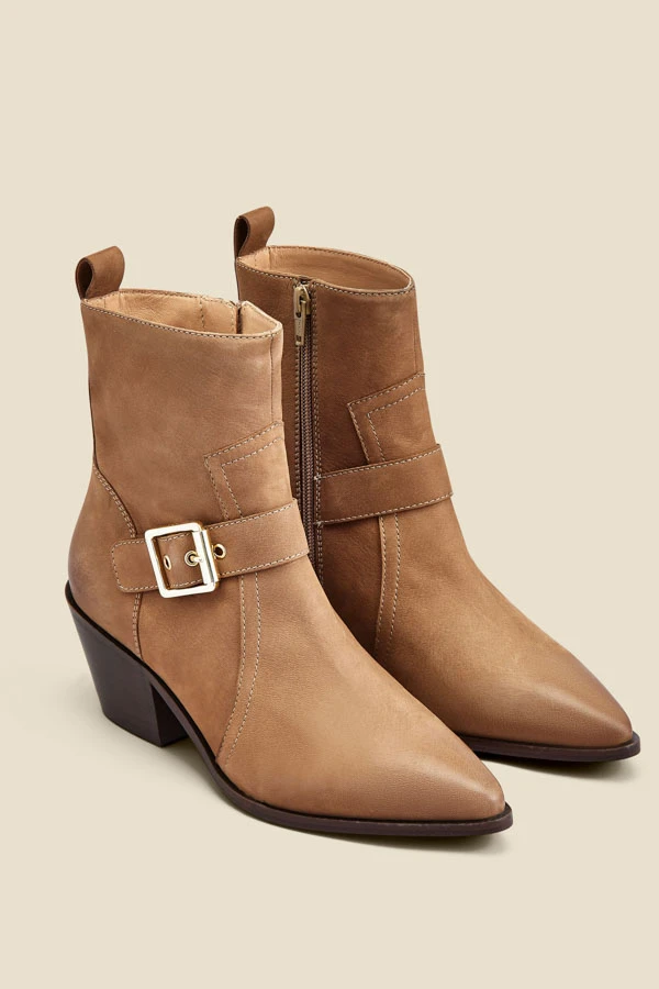 Taupe Leather Buckle Detail Western Ankle Boots 4 Taupe Leather Buckle Detail Western Ankle Boots - Image 2