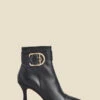 Black Leather Buckle Detail Flared Heel Ankle Boots -Sosandar Fashion Store web 2307 box a23fw016bk0001 c