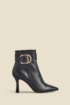Black Leather Buckle Detail Flared Heel Ankle Boots