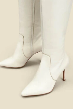 Ecru Leather Stiletto Heel Knee High Boots 10 Ecru Leather Stiletto Heel Knee High Boots -Sosandar Fashion Store web 2307 box a23fw027eu0001 b