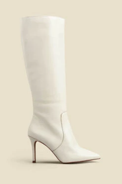 Ecru Leather Stiletto Heel Knee High Boots