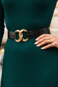 Black Croc Leather Waist Belt With Gold Clasp