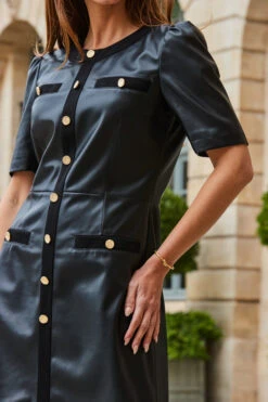 Black Faux Leather Button Front Pocket Detail Shift Dress 13 Black Faux Leather Button Front Pocket Detail Shift Dress -Sosandar Fashion Store web 2308 105 a23dp021bk0001 105 172