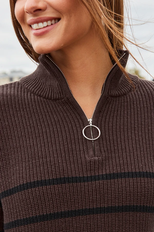 Mocha & Black Stripe Half Zip Jumper 7 Mocha & Black Stripe Half Zip Jumper - Image 5