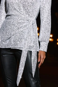 Winter White Sequin Tie Side Longline Shirt -Sosandar Fashion Store web 2308 25 s23tw167wh0001 25 191 rt