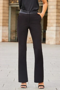 Black Satin Waistband Tuxedo Kick Flare Trousers 12 Black Satin Waistband Tuxedo Kick Flare Trousers -Sosandar Fashion Store web 2308 34 a23bw021bk0001 a23ow033bk0001 34 405