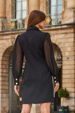 Black Sheer Sleeve Gold Button Blazer Dress -Sosandar Fashion Store web 2308 47 a23dw096bk0001 47 247