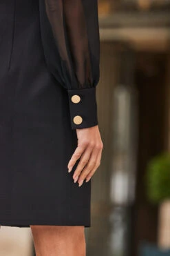 Black Sheer Sleeve Gold Button Blazer Dress -Sosandar Fashion Store web 2308 47 a23dw096bk0001 47 257