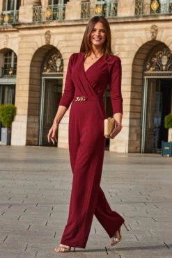 Burgundy Faux Wrap Chain Detail Wide Leg Jumpsuit -Sosandar Fashion Store web 2308 49 a23jj005rd0004 49 069 rt