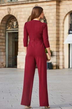 Burgundy Faux Wrap Chain Detail Wide Leg Jumpsuit -Sosandar Fashion Store web 2308 49 a23jj005rd0004 49 194 rt