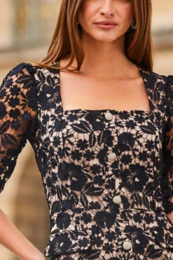 Black Luxe Lace Embellished Button Front Shift Dress -Sosandar Fashion Store web 2308 51 a23dw002bk0001 51 238 rt