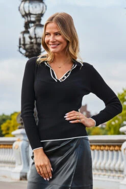 Black & White Contrast Trim Fine Knit Collared Jumper 13 Black & White Contrast Trim Fine Knit Collared Jumper -Sosandar Fashion Store web 2308 64 s23sp006bk0001 a23tk157bk0001 64 514