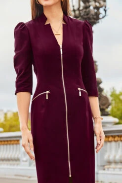 Burgundy Zip Front Pencil Dress -Sosandar Fashion Store web 2308 80 a23dw031rd0004 80 179 rt