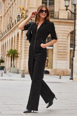 Black Zip Front Wide Leg Denim Jumpsuit