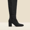 Black Stretch Suede Low Block Heel Knee High Boot -Sosandar Fashion Store web 2308 box a23fw009bk0001 a 1