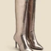 Pewter Leather Stiletto Heel Knee High Boots 1 Pewter Leather Stiletto Heel Knee High Boots -Sosandar Fashion Store web 2308 box a23fw027mc0004 b 1